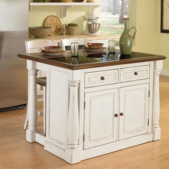 Monarch 3 pc Kitchen Island with Granite Top & Counter Stools Set