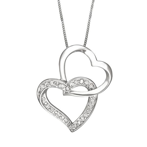 Two Hearts Forever One Sterling Silver 1 4 Ct T W Round Cut Diamond Interlocking Heart Pendant