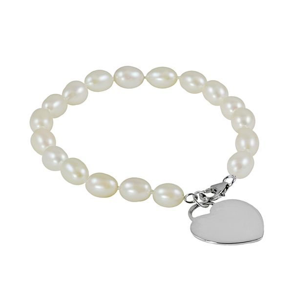 Sterling Silver Freshwater Cultured Pearl Heart Charm Bracelet