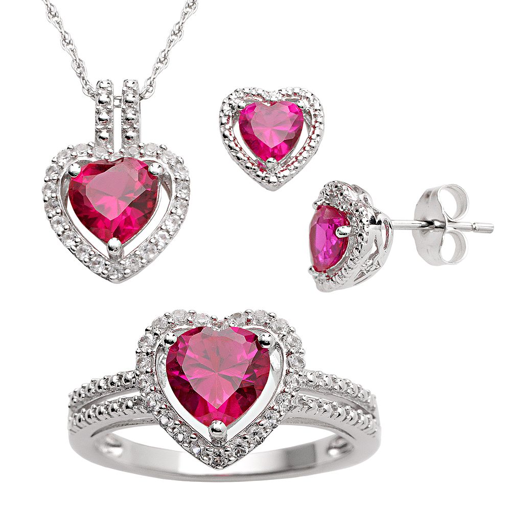 Created Ruby /& White Sapphire Heart Pendant Sterling Silver Earring /& Ring Set