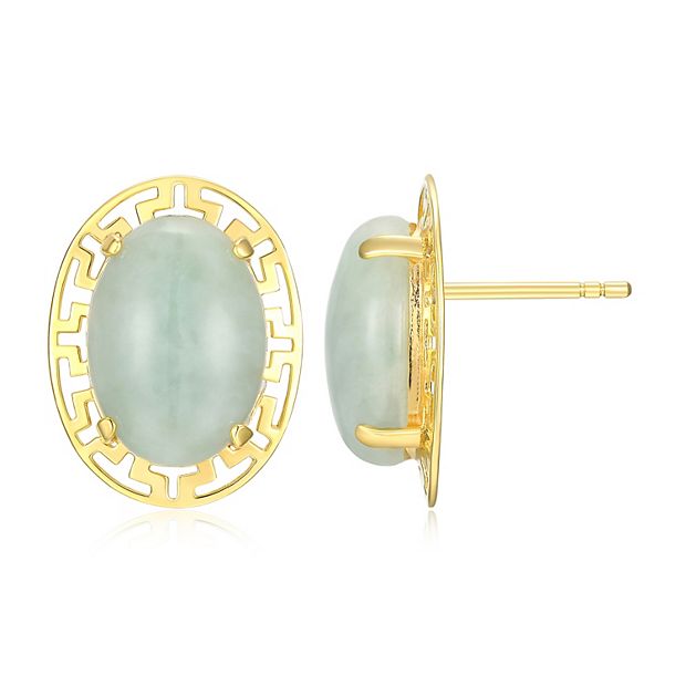 Dynasty Jade 18k Gold Over Silver Jade Greek Key Oval Stud Earrings