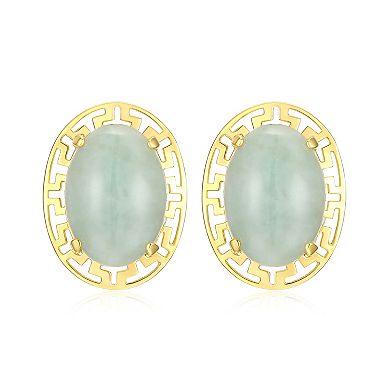 18k Gold Over Silver Jade Greek Key Oval Stud Earrings