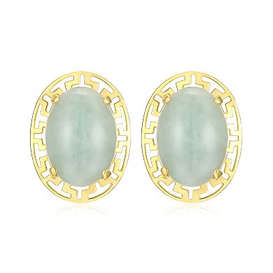 18k Gold Over Silver Jade Greek Key Oval Stud Earrings