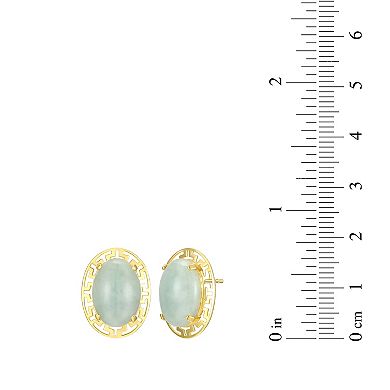 18k Gold Over Silver Jade Greek Key Oval Stud Earrings