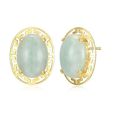 18k Gold Over Silver Jade Greek Key Oval Stud Earrings