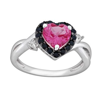 Stella Grace Sterling Silver Lab-Created Pink Sapphire, Black Spinel and Diamond Accent Heart Ring