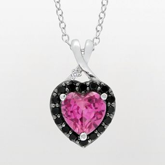 Stella Grace Sterling Silver Lab-Created Pink Sapphire, Black Spinel and Diamond Accent Heart Pendant