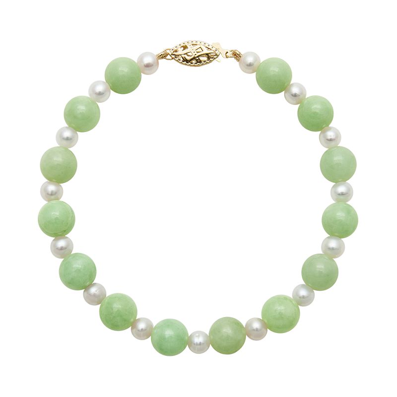14k Gold Jade and Freshwater Cultured Pearl Bracelet, Womens, Size: 7.50, 