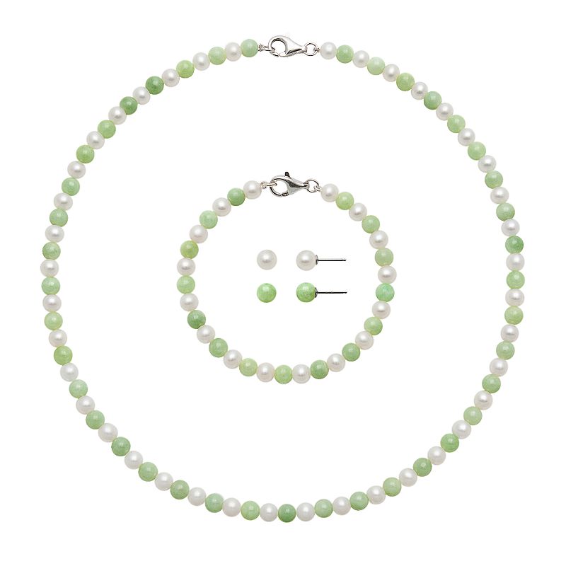 Sterling Silver Freshwater Cultured Pearl and Jade Necklace, Bracelet and S