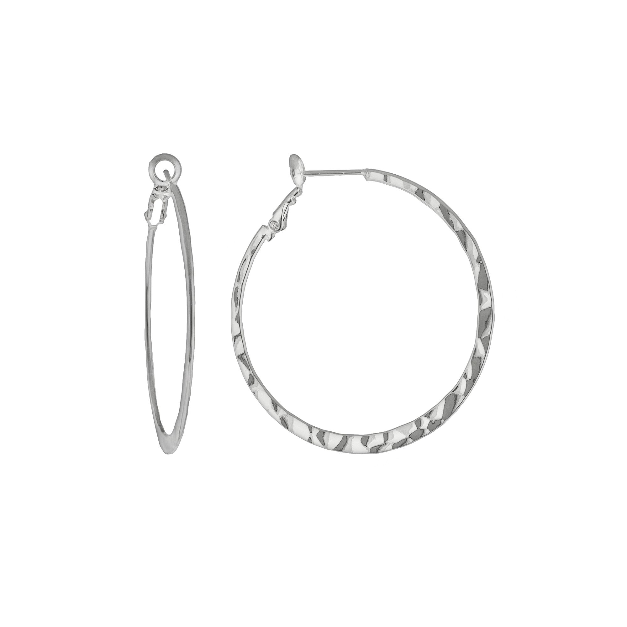 Silver Plated Hammered Hoop Earrings, Womens