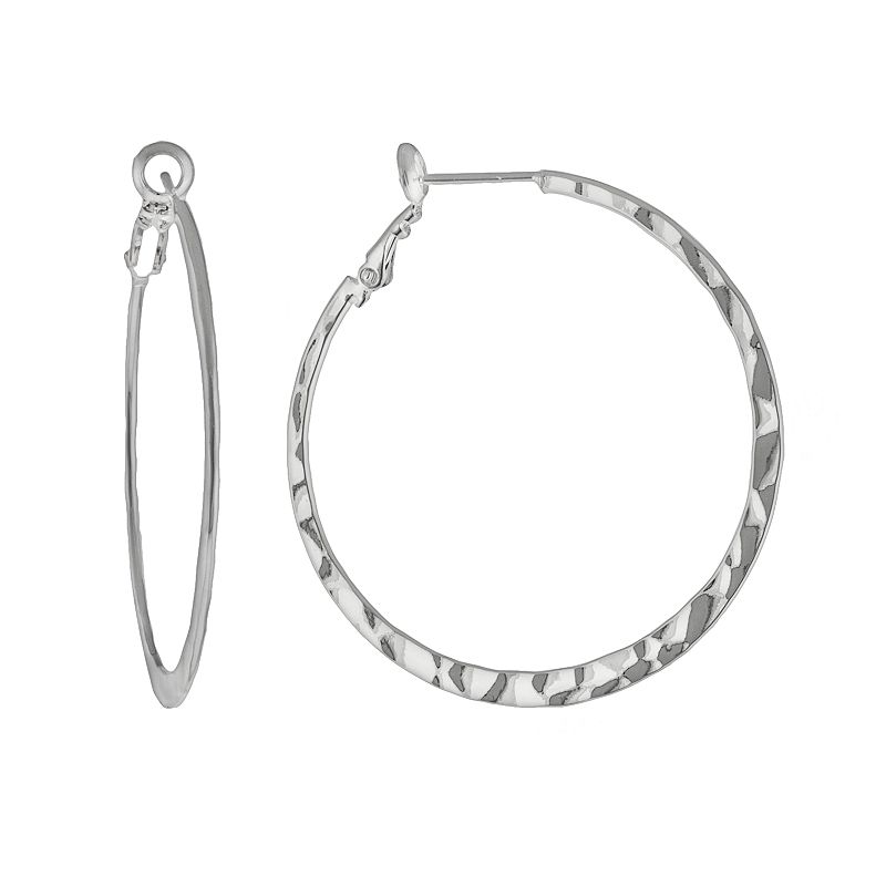 Silver Plated Hammered Hoop Earrings, Womens, Grey