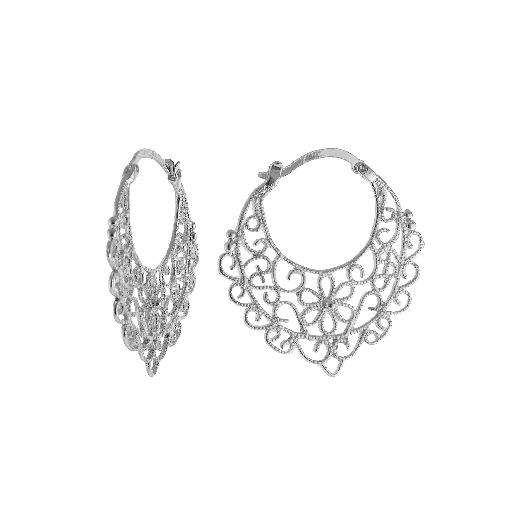 Silver Plated Flower Filigree Hoop Earrings, Womens