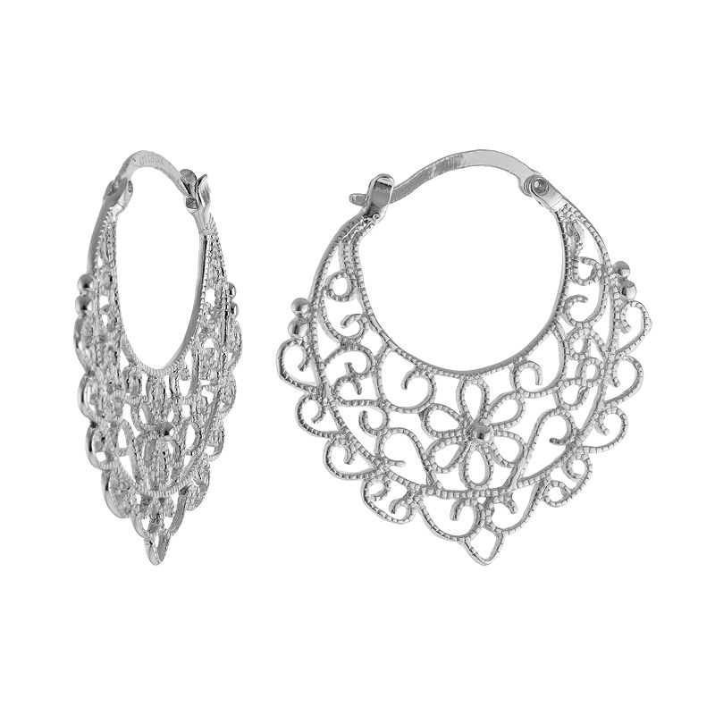 Silver Plated Flower Filigree Hoop Earrings, Womens, Grey