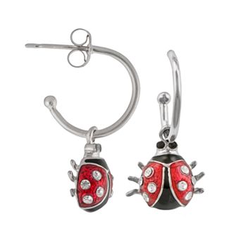Athra NJ Inc Silver Plated Crystal Ladybug Hoop Drop Earrings