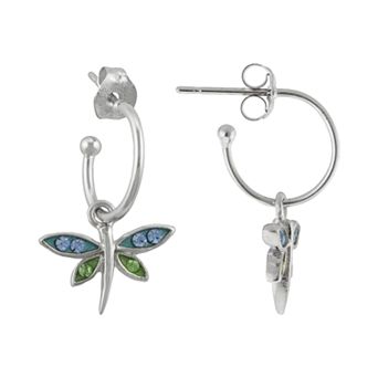 Athra NJ Inc Silver Plated Crystal Dragonfly Hoop Drop Earrings