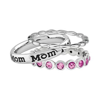 Stacks & Stones Sterling Silver Crystal Eternity, Beaded & "Mom" Ring Set - Made with Crystals