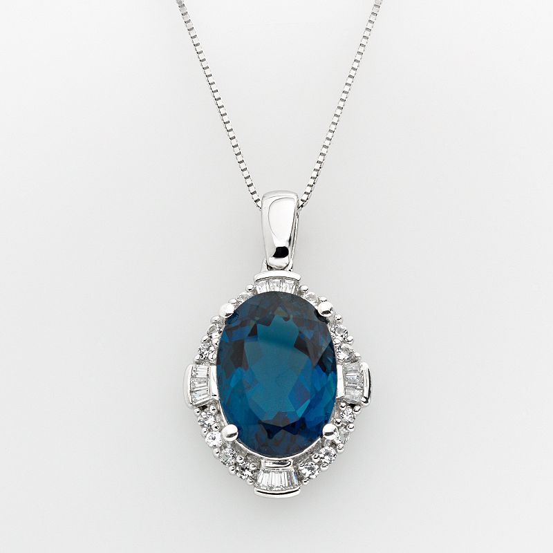 Sterling Silver London Blue Topaz and Lab-Created White Sapphire Frame Pend