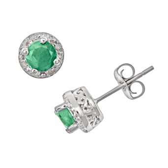 Celebration Gems Sterling Silver Emerald and Diamond Accent Frame Stud Earrings