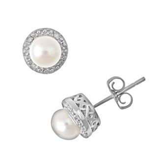 Celebration Gems Sterling Silver Freshwater Cultured Pearl and Diamond Accent Frame Stud Earrings
