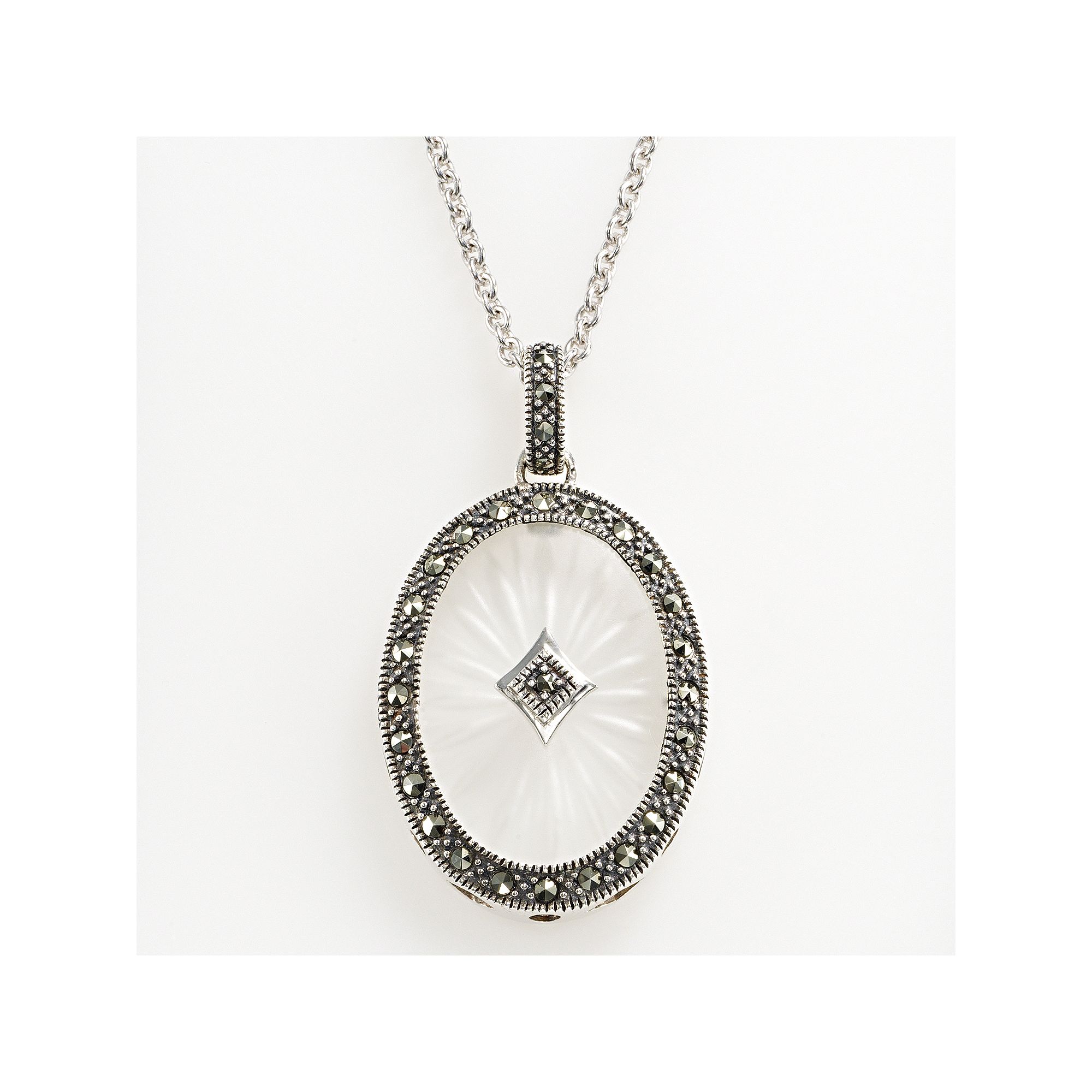 Sterling Silver Sunray Crystal Oval Frame Pendant, Womens