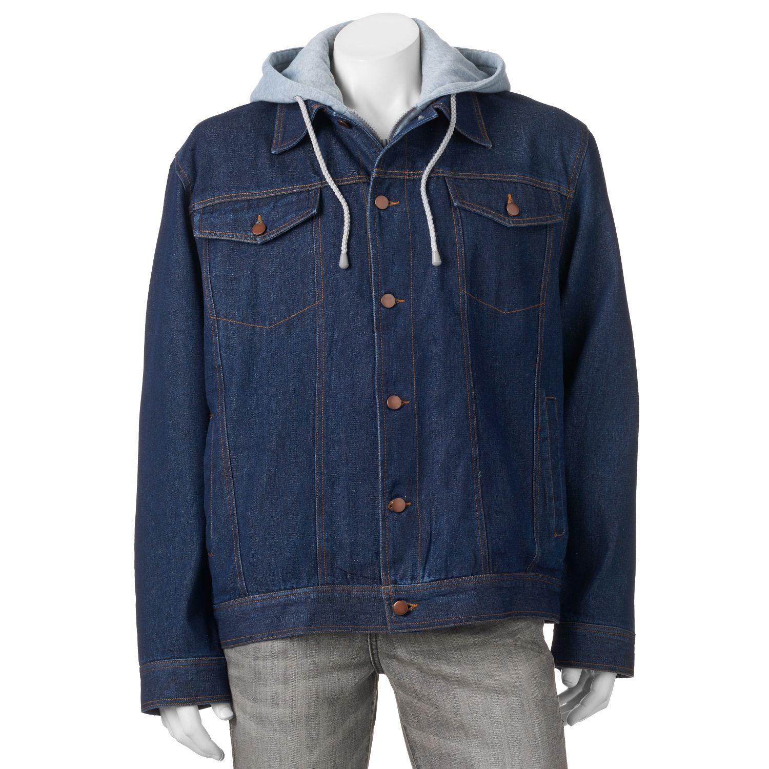 jean jacket with gray hood