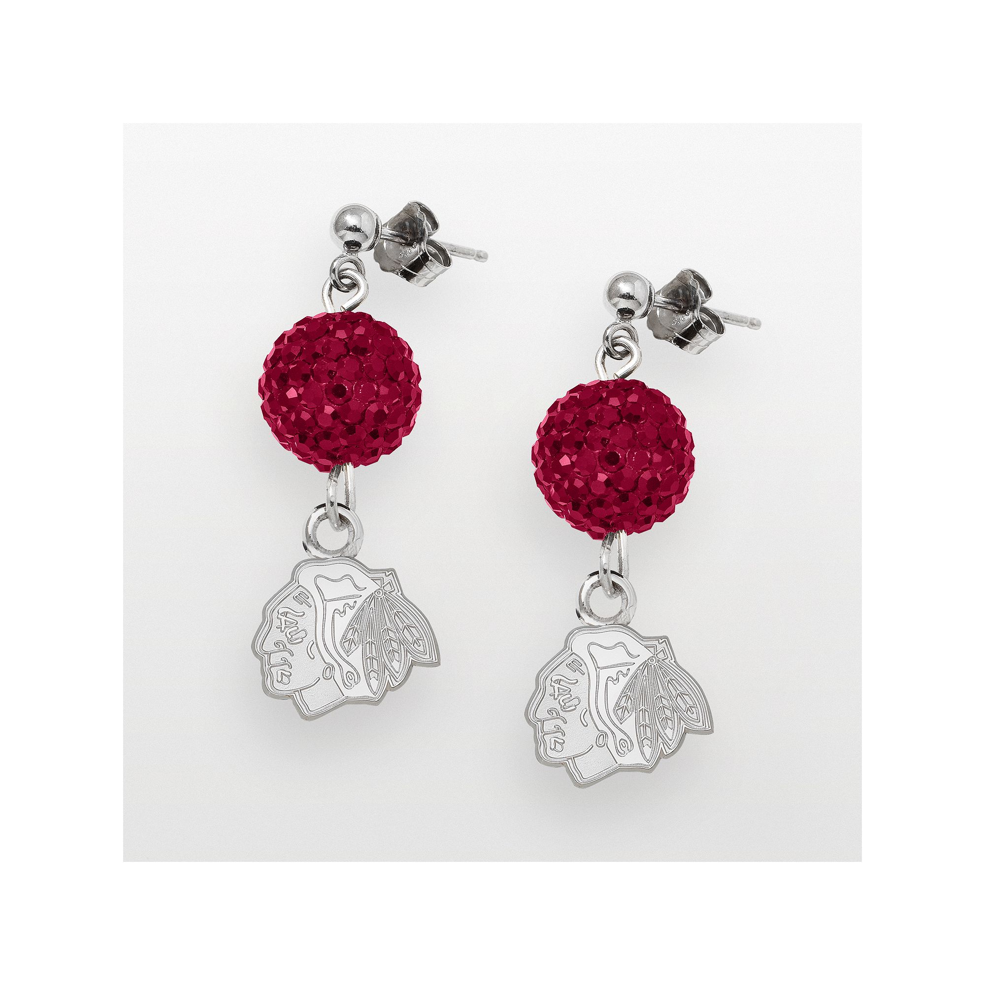 LogoArt Chicago Blackhawks Sterling Silver Crystal Ball Drop Earrings, Wome