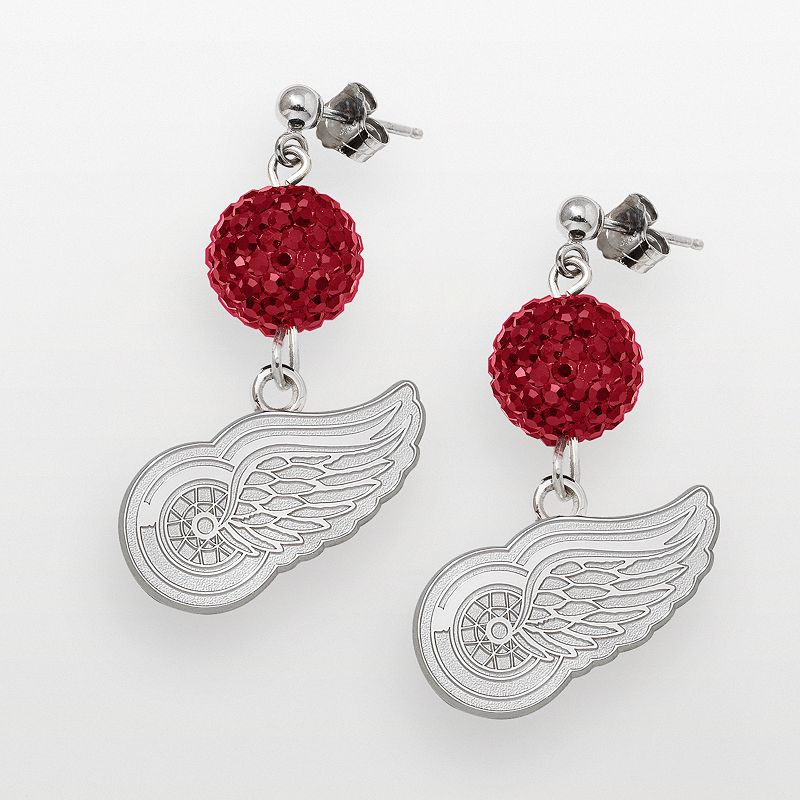LogoArt Detroit Red Wings Sterling Silver Crystal Ball Drop Earrings, Women