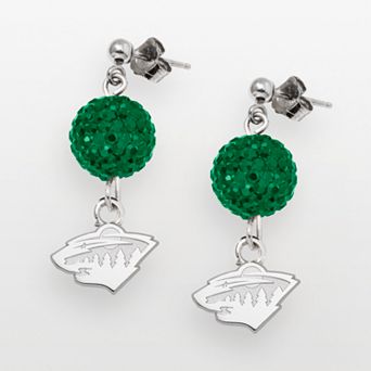 LogoArt Minnesota Wild Sterling Silver Crystal Ball Drop Earrings