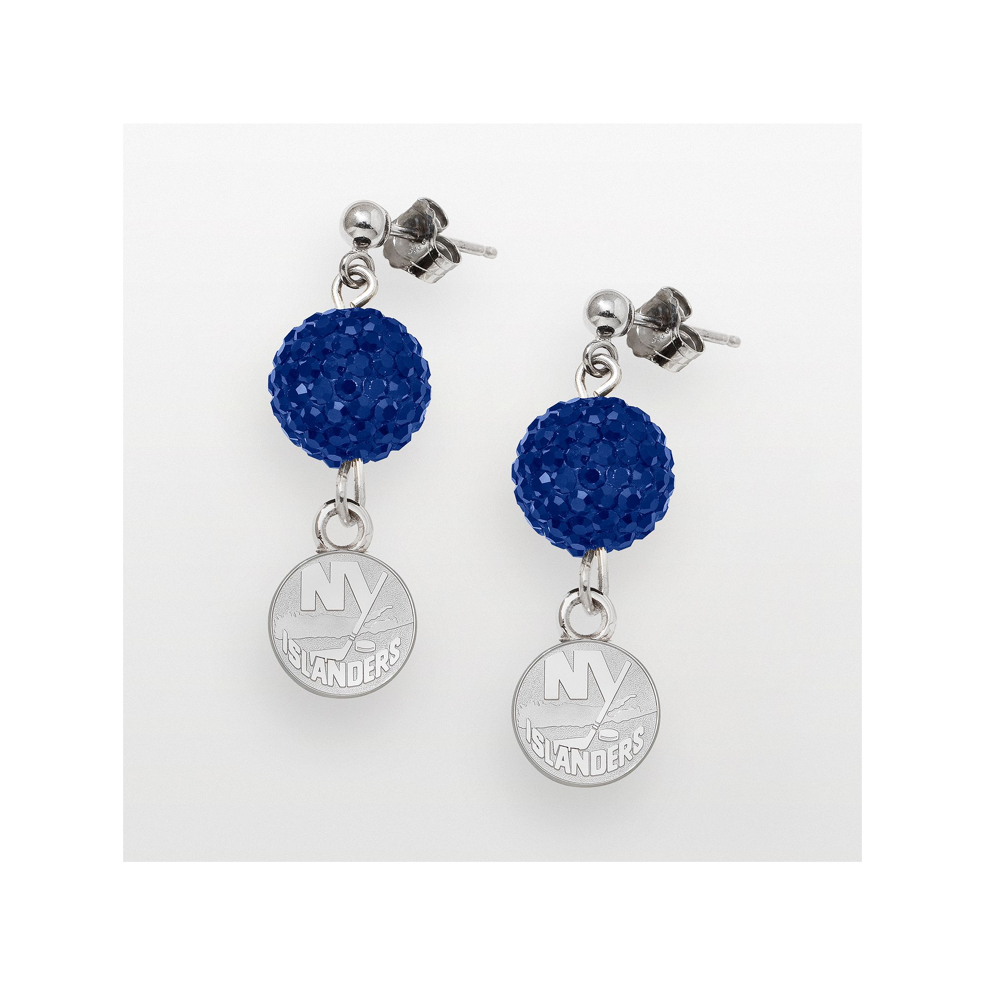 LogoArt New York Islanders Sterling Silver Crystal Ball Drop Earrings, Wome