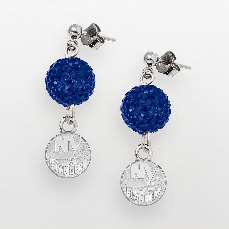 LogoArt New York Islanders Sterling Silver Crystal Ball Drop Earrings, Wome