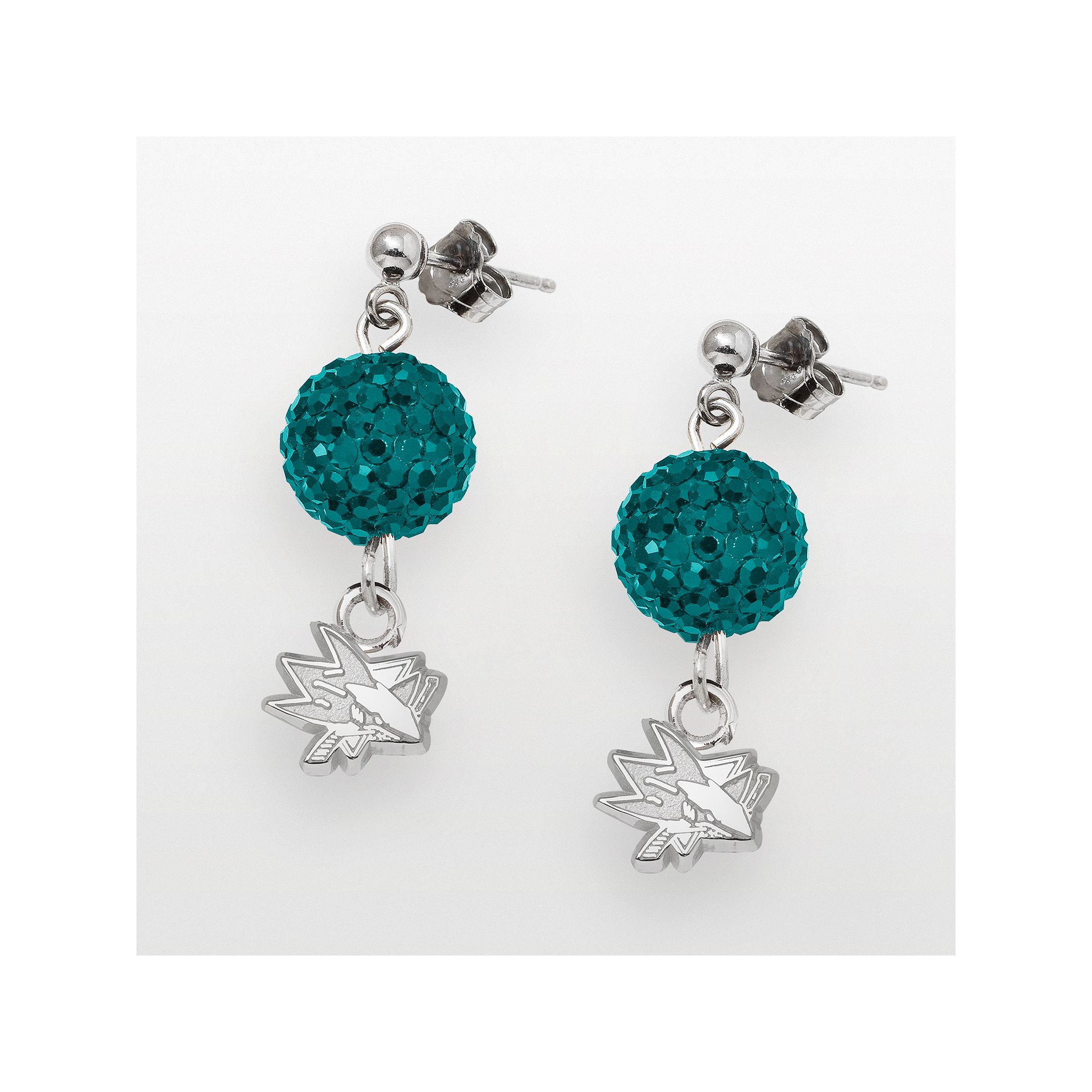 LogoArt San Jose Sharks Sterling Silver Crystal Ball Drop Earrings, Womens