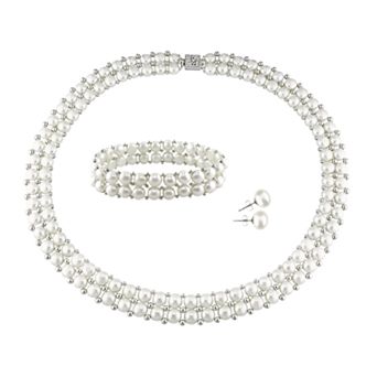 Stella Grace Sterling Silver Freshwater Cultured Pearl Necklace, Stretch Bracelet and Stud Earring Set