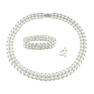 Stella Grace Sterling Silver Freshwater Cultured Pearl Necklace Stretch Bracelet and Stud Earring Set