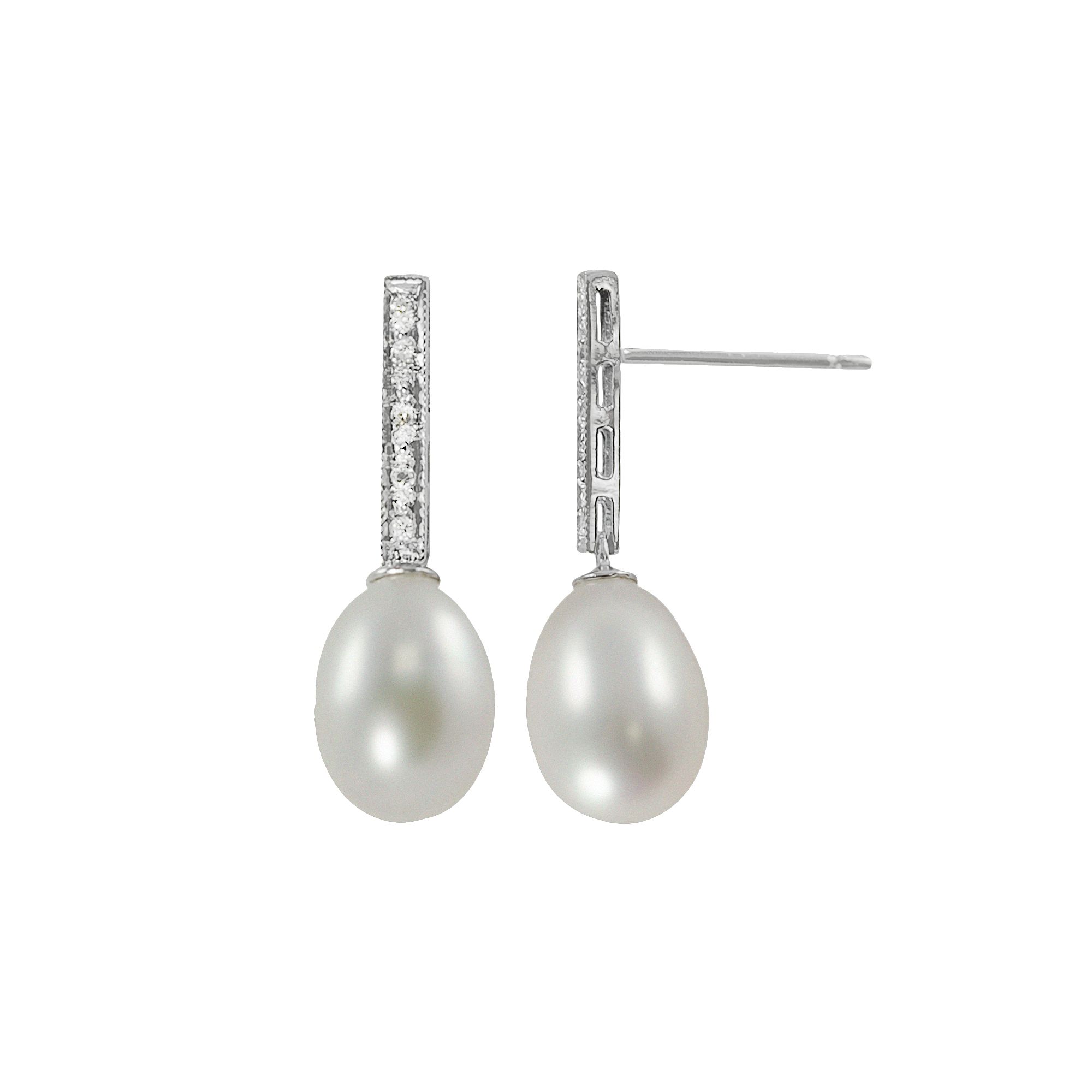 14k White Gold Freshwater Cultured Pearl and Diamond Accent Drop Earrings, 