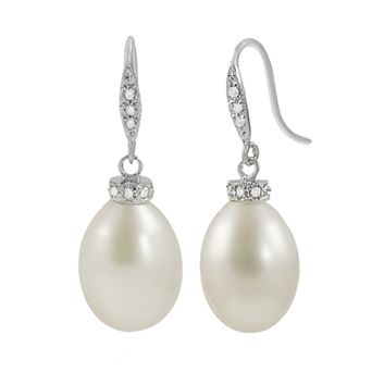 PearLustre by Imperial 14k White Gold Freshwater Cultured Pearl and Diamond Accent Drop Earrings