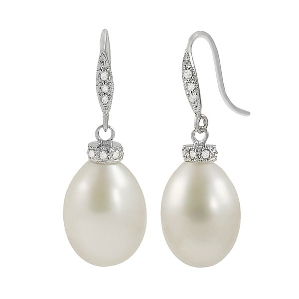 14k White Gold Freshwater Cultured Pearl and Diamond Accent Drop Earrings