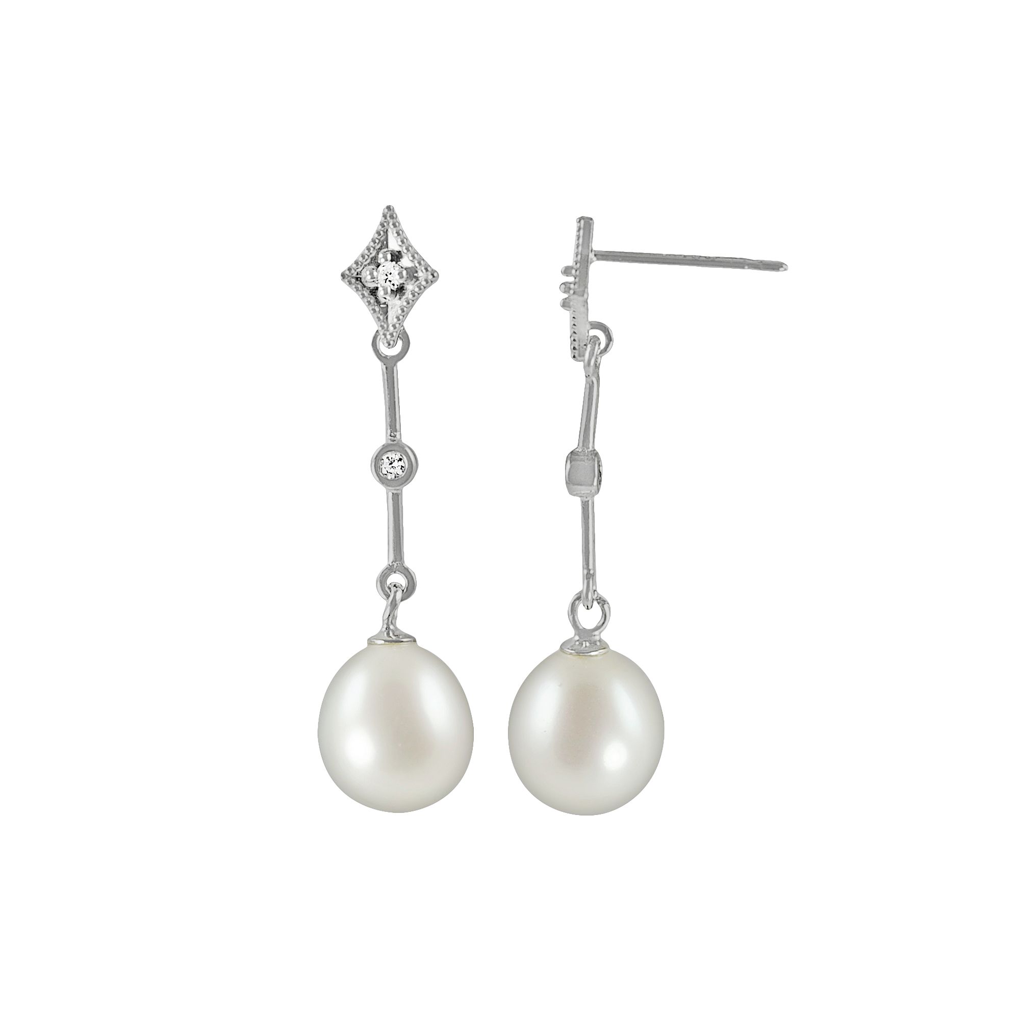 14k White Gold Freshwater Cultured Pearl & Diamond Accent Linear Drop Earri