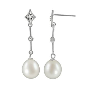 PearLustre by Imperial 14k White Gold Freshwater Cultured Pearl & Diamond Accent Linear Drop Earrings