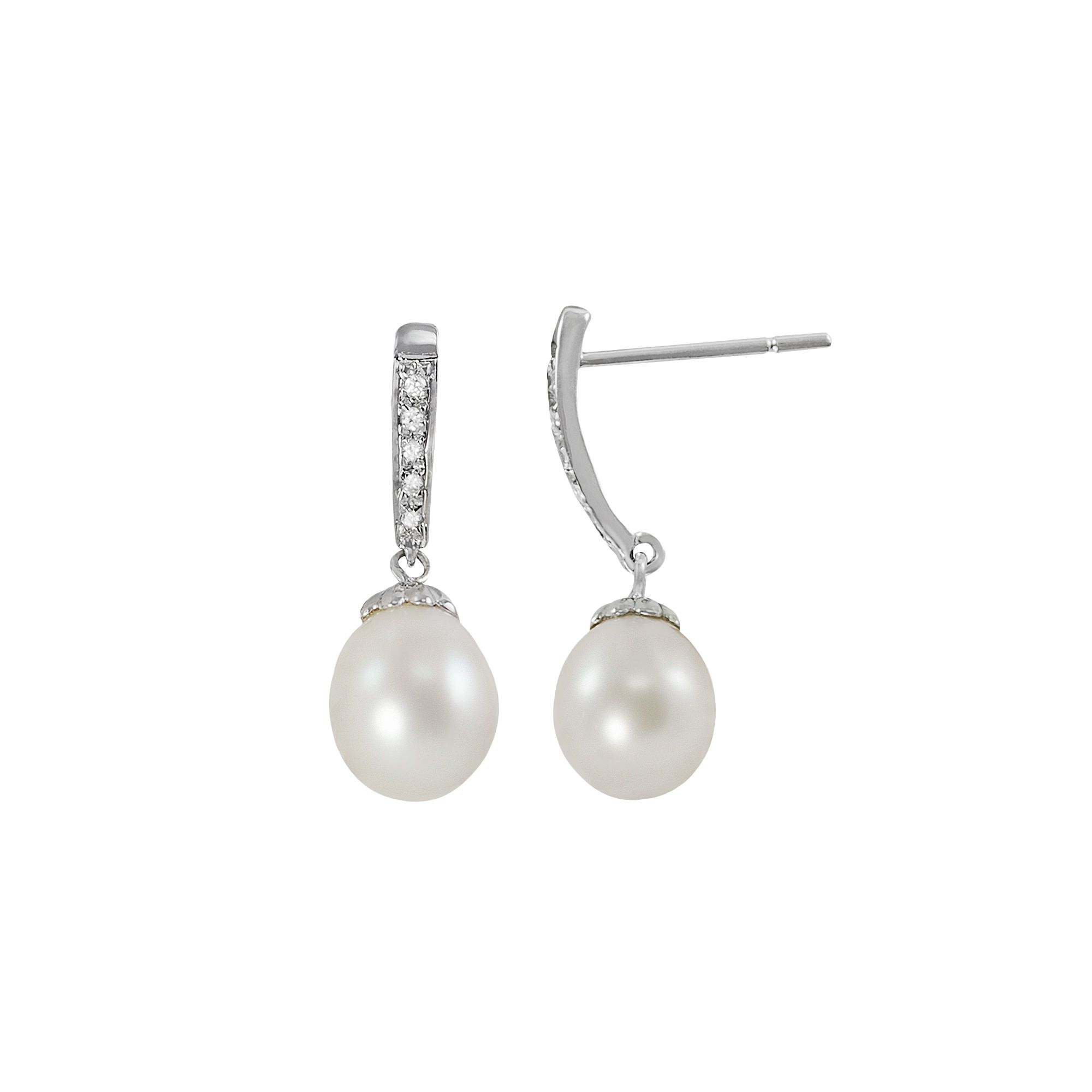 14k White Gold Freshwater Cultured Pearl and Diamond Accent Drop Earrings, 