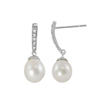 PearLustre by Imperial 14k White Gold Freshwater Cultured Pearl and Diamond Accent Drop Earrings