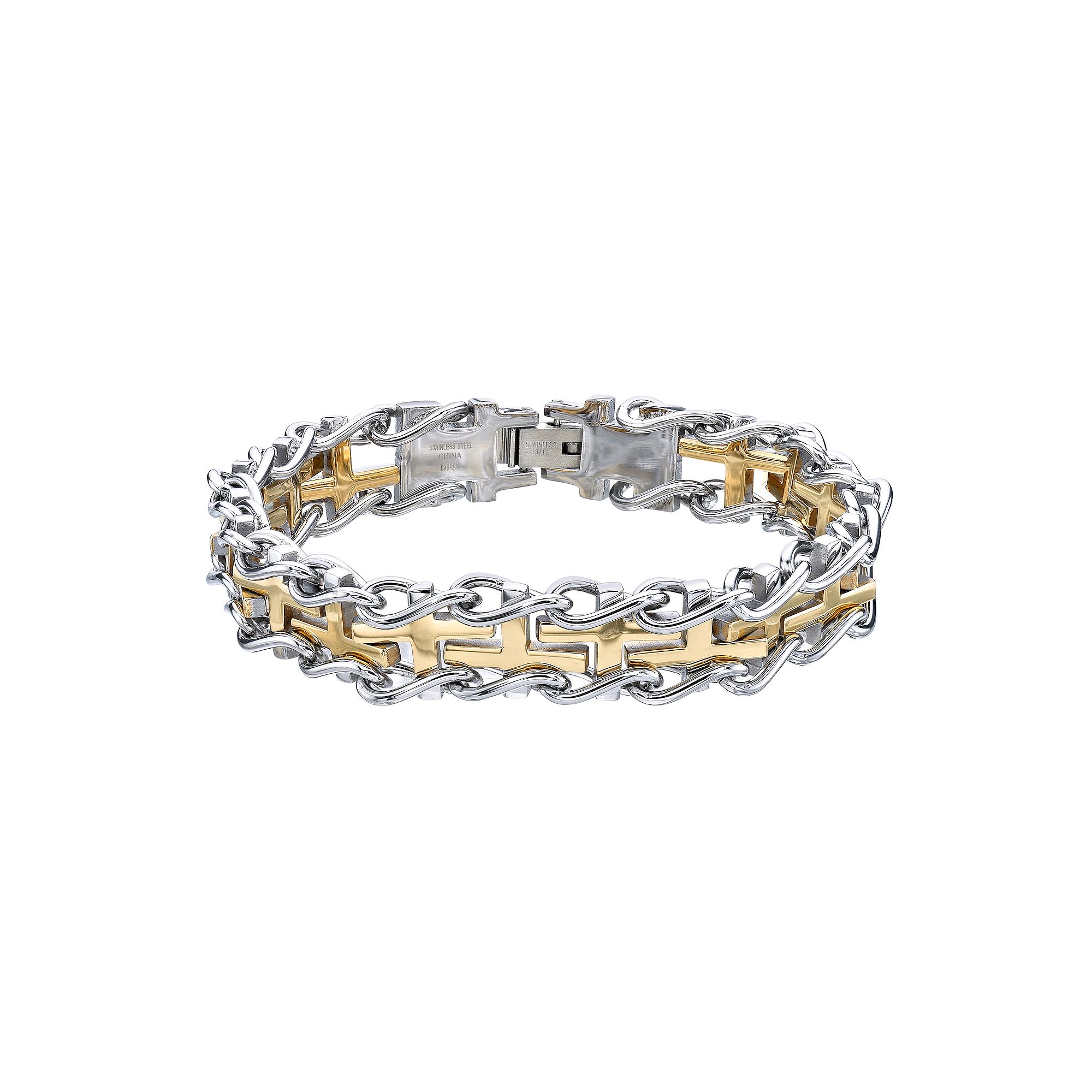 Mens LYNX Two Tone Stainless Steel Cross Railroad Bracelet, Size: 10