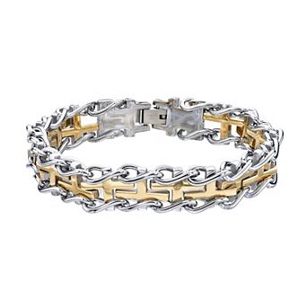 Men's LYNX Two Tone Stainless Steel Cross Railroad Bracelet