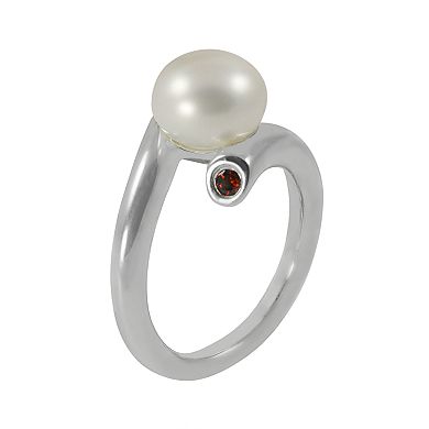 Sterling Silver Freshwater Cultured Pearl and Garnet Bypass Ring
