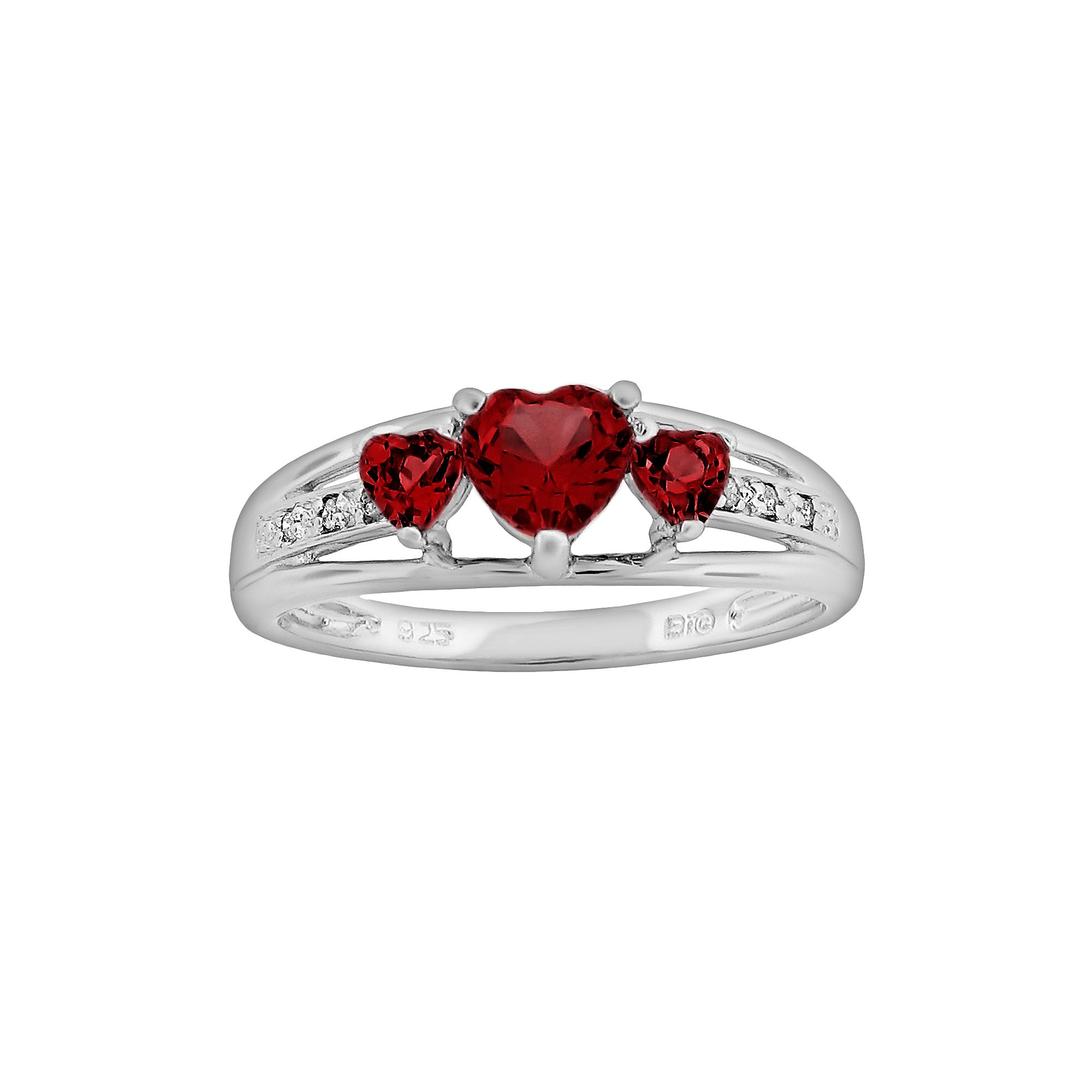Gemminded Sterling Silver Garnet and Diamond Accent Heart 3-Stone Ring, Wom