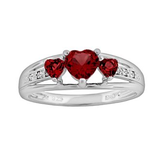 Gemminded Sterling Silver Garnet and Diamond Accent Heart 3-Stone Ring