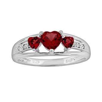 Gemminded Sterling Silver Garnet and Diamond Accent Heart 3-Stone Ring