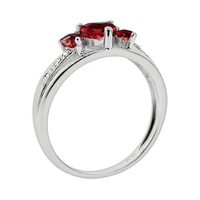 Gemminded Sterling Silver Garnet and Diamond Accent Heart 3-Stone Ring