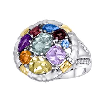 14k Gold Over Silver and Sterling Silver Gemstone Round Frame Ring