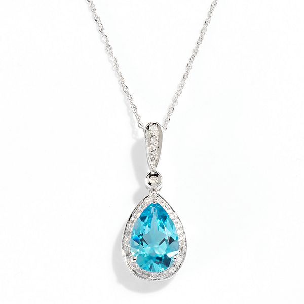 14k White Gold Blue Topaz & Diamond Accent Teardrop Pendant