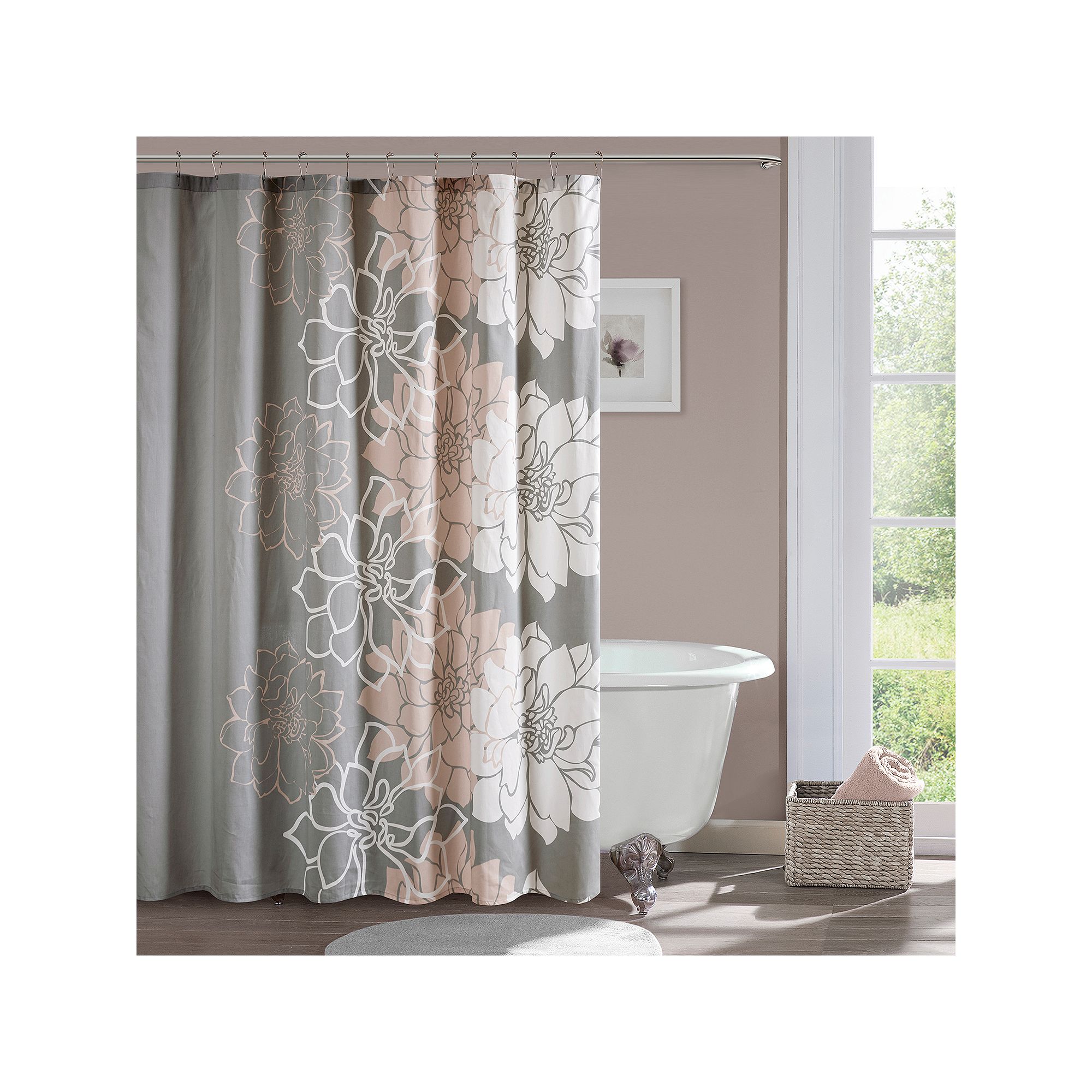 Madison Park Brianna Floral Printed Shower Curtain, Gray Pink